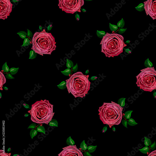 Seamless decorative pattern rose stylized texture of embroidery  imitation of ornamental satin stitch.  Vector pattern for printing on fabric  clothes  shawl  headscarf  dress. 