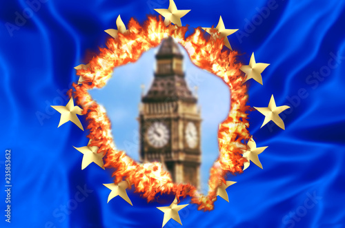 Photography European flag on fire for United Kingdom exit with blurred Big Ben tower of London, the house of a British parliament