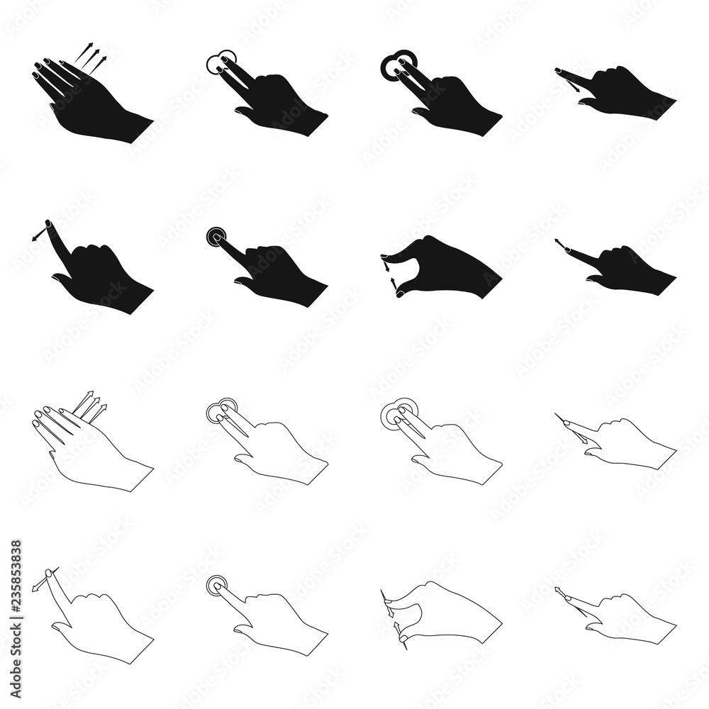 Vector design of touchscreen and hand sign. Collection of touchscreen and touch stock symbol for web. Vector design of touchscreen and hand sign. Collection of touchscreen and touch stock symbol for web.