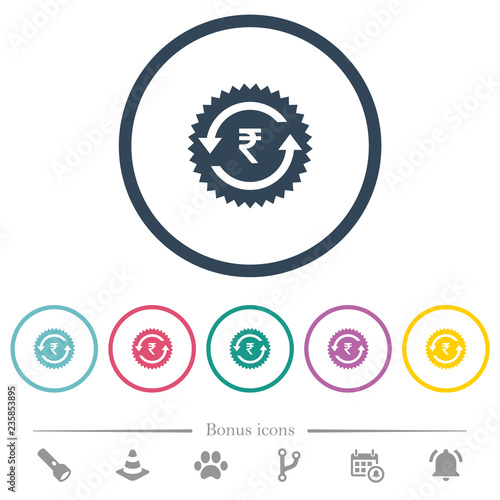 Rupee pay back guarantee sticker flat color icons in round outlines