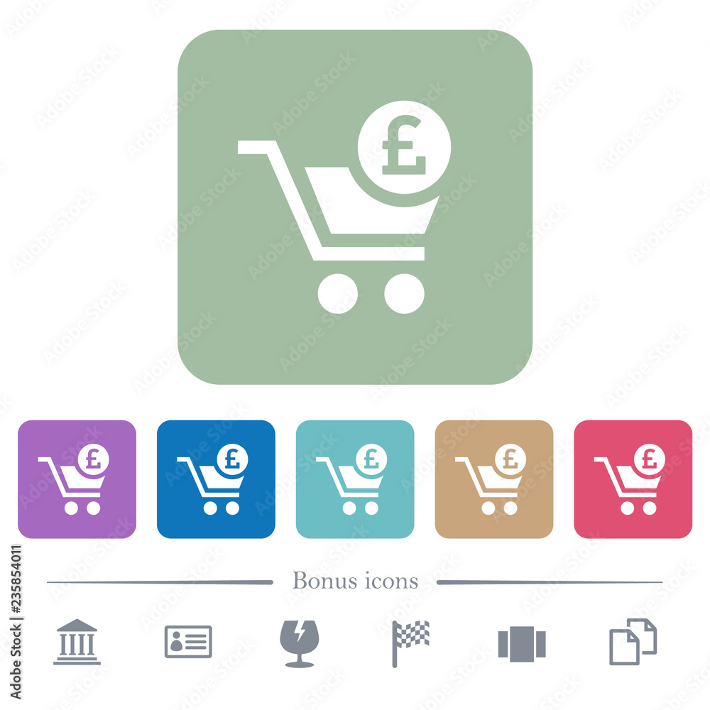 Checkout with Pound cart flat icons on color rounded square backgrounds Checkout with Pound cart flat icons on color rounded square backgrounds