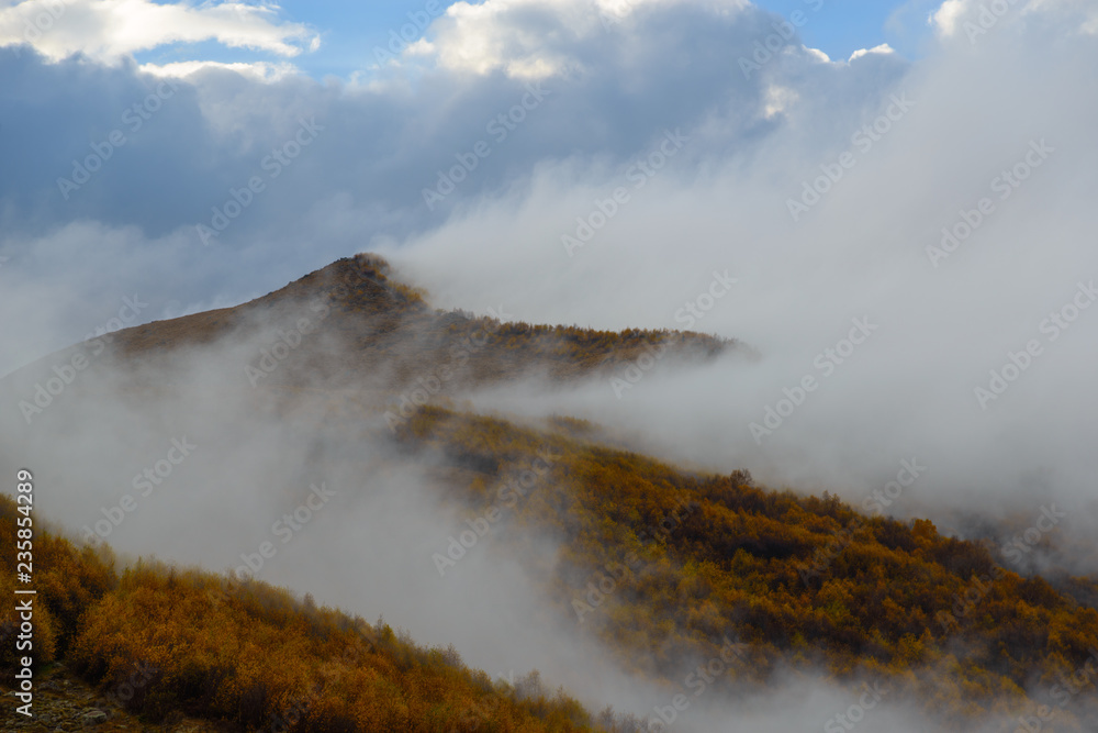 Autumn mountains covered with fog