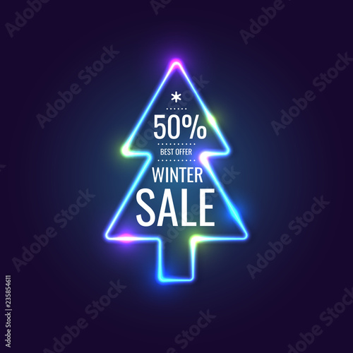 Christmas sale banner. Original poster for discount. Neon glow against a dark background.