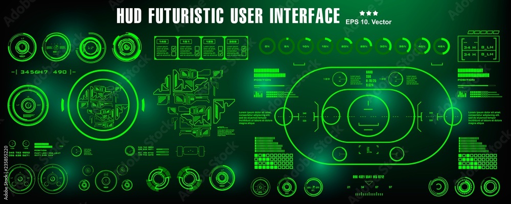 HUD futuristic green user interface, dashboard display virtual reality technology screen, target