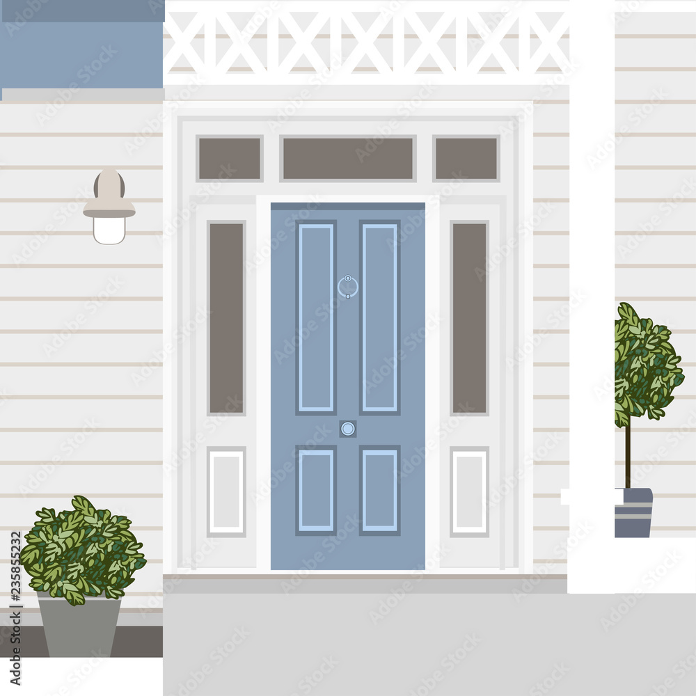 House door front with doorstep and steps, lamp, - vector clip art