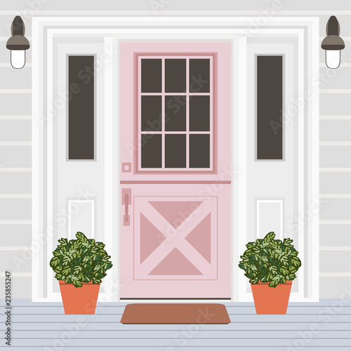 House door front with window, steps, lamps and plants, building entry facade, exterior entrance design illustration vector in flat style