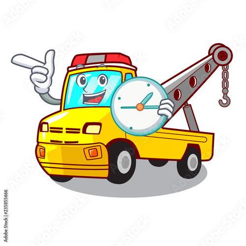 With clock truck tow the vehicle with mascot