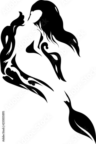 Silhouette mermaid sitting on the waves. Isolated figure of girl from fairytale.