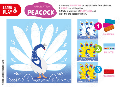 Game for children develop motor skills. Using plasticine decorate tail, breast of peacock. Development game for kid. Illustration for children magazine. Play and learn. Vector illustration.