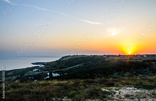 Green Thracian cliffs near blue clear water of Black Sea, sunset path seaview © Negoi Cristian