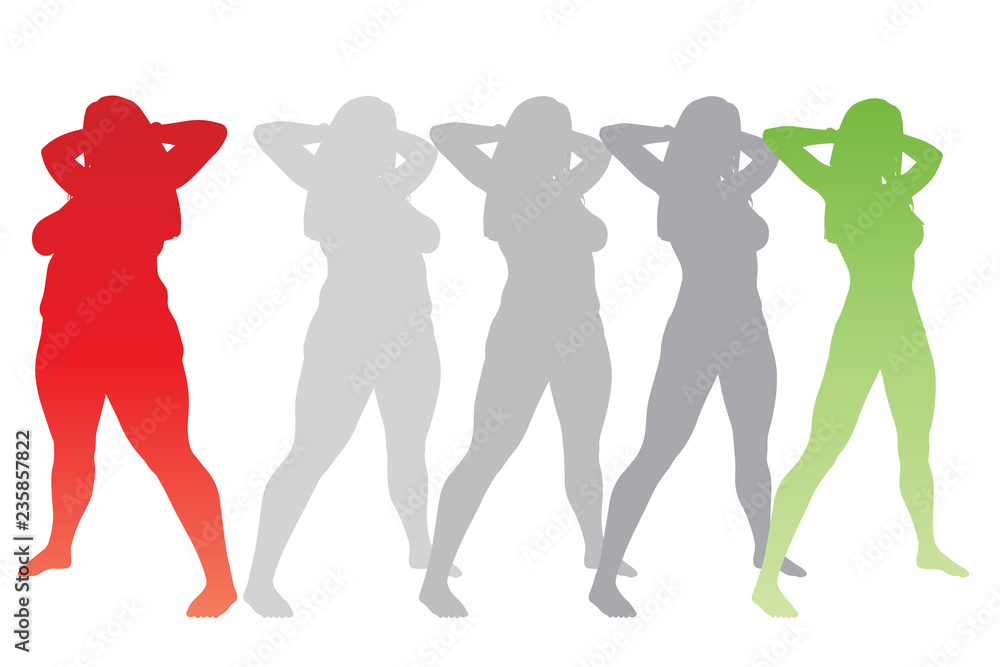 Fototapeta premium Vector conceptual fat overweight obese female vs slim fit healthy body after weight loss or diet with muscles thin young woman isolated. Fitness, nutrition or fatness obesity, health silhouette shape
