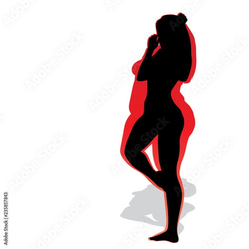 Vector conceptual fat overweight obese female vs slim fit healthy body after weight loss or diet with muscles thin young woman isolated. Fitness, nutrition or fatness obesity, health silhouette shape