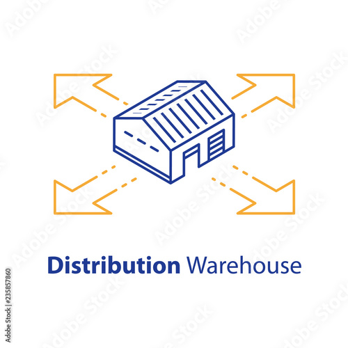 Warehouse services, distribution concept, wholesale building, supply center, isometric view, line icon