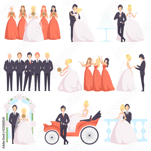 Wedding couple celebrating with their friends set, bride and groom, bridesmaids, groomsmen at a wedding ceremony vector Illustration on a white background