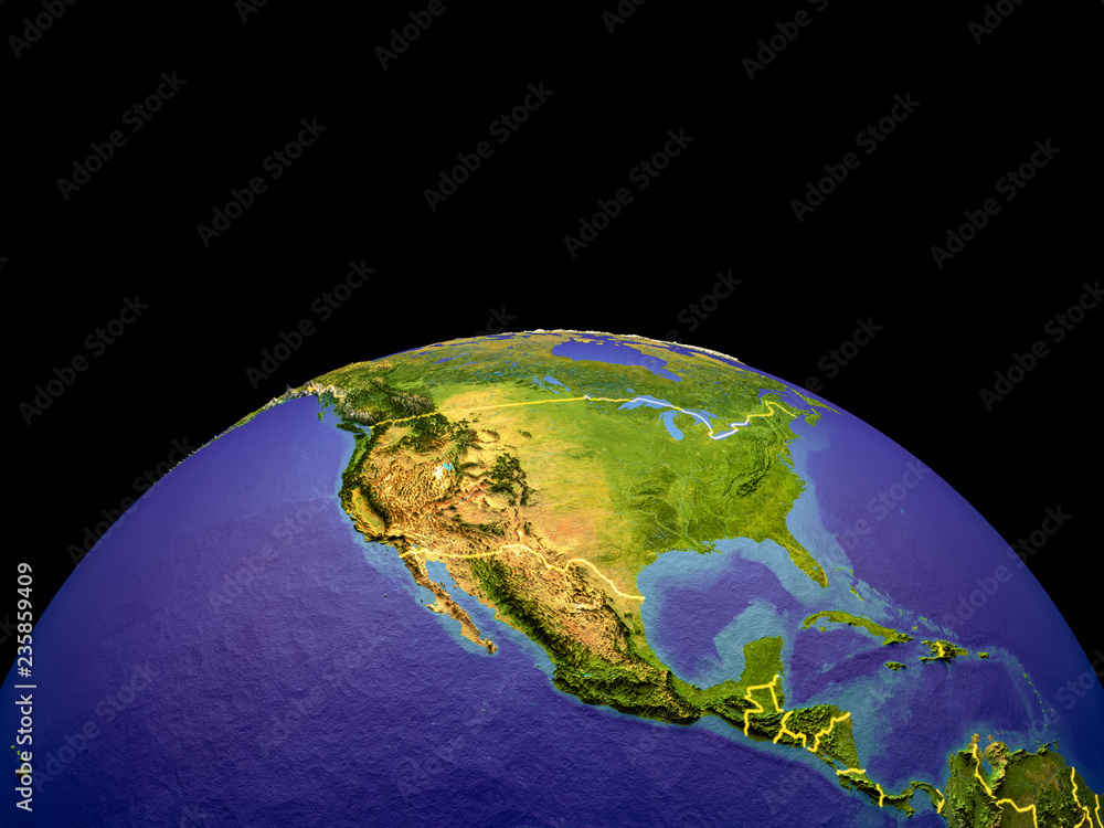 North America from space on planet Earth with country borders. Detailed ...