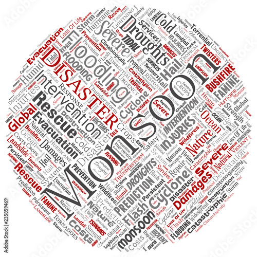 Vector conceptual monsoon dangerous weather round circle red meteorology word cloud isolated background. Collage of tropical dramatic storm force, strong wind blowing, rain hail thunderstorm concept