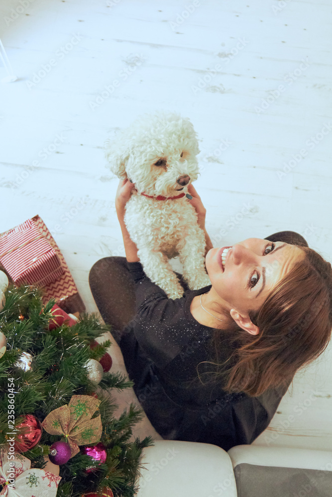 Beautiful woman with her dog enjoying Christmas eve/New Year. Beautiful woman with her dog enjoying Christmas eve/New Year.