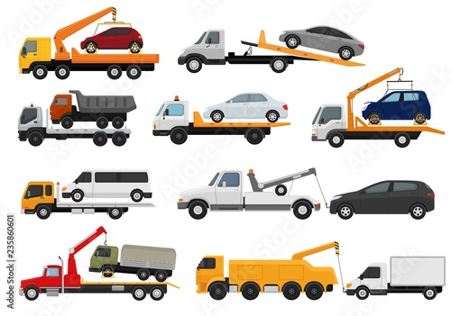 Tow truck vector towing car trucking vehicle transportation towage help on road illustration set of towed auto transport isolated on white background