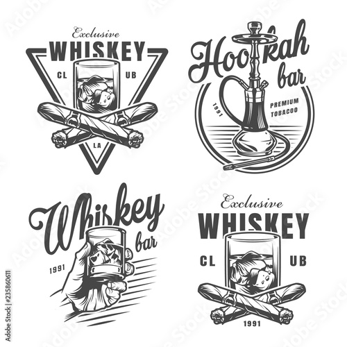 Vintage monochrome whiskey bar emblems