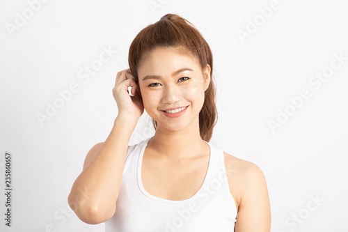 Wallpaper Mural Beautiful Attractive Charming Asian woman with long hair smile with healthy and fresh skin feeling so happiness and cheerful,Isolated on white background,Beauty Skincare Concept Torontodigital.ca