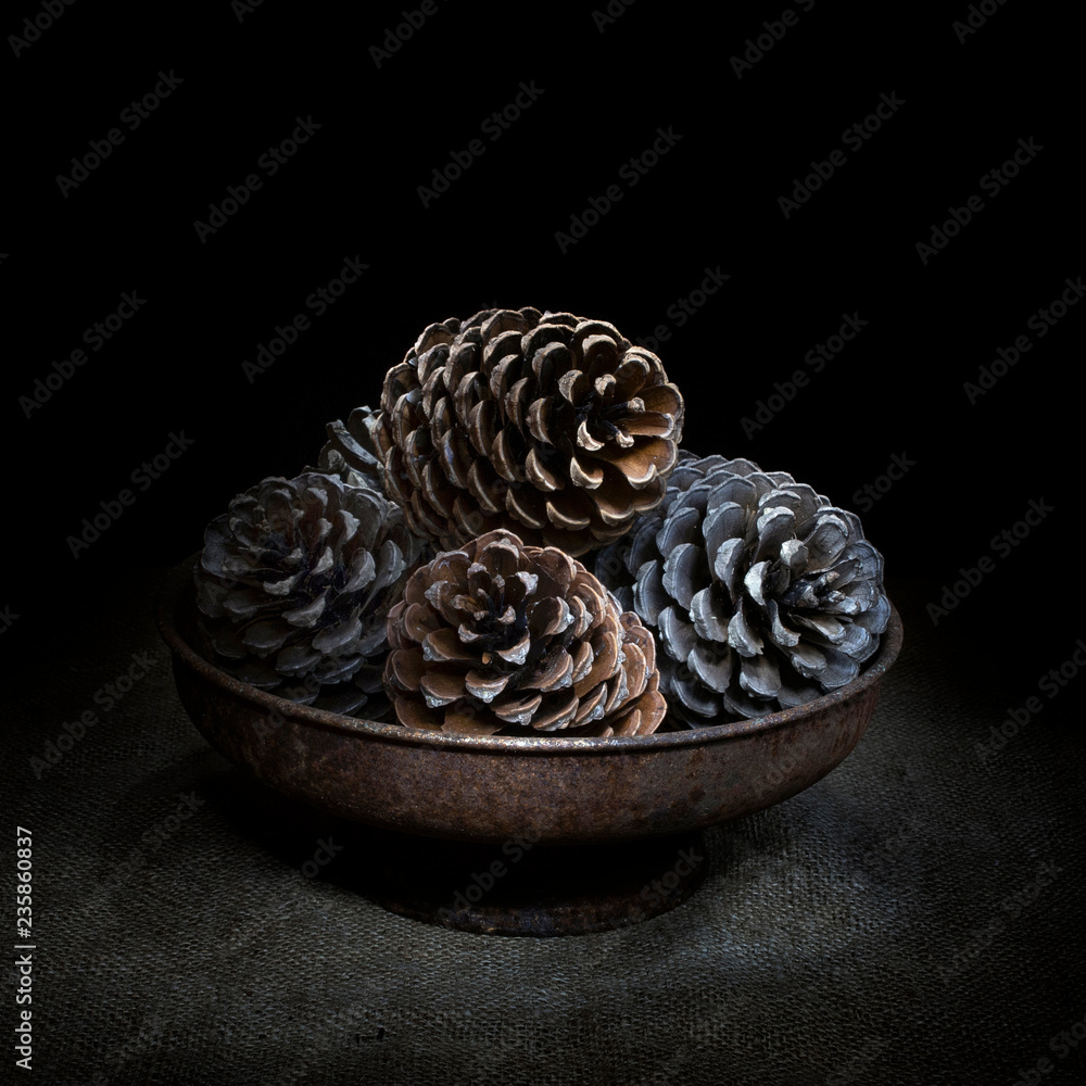 Pine cones in bowl on hessian, dark still life. Square crop light painting. Pine cones in bowl on hessian, dark still life. Square crop light painting.