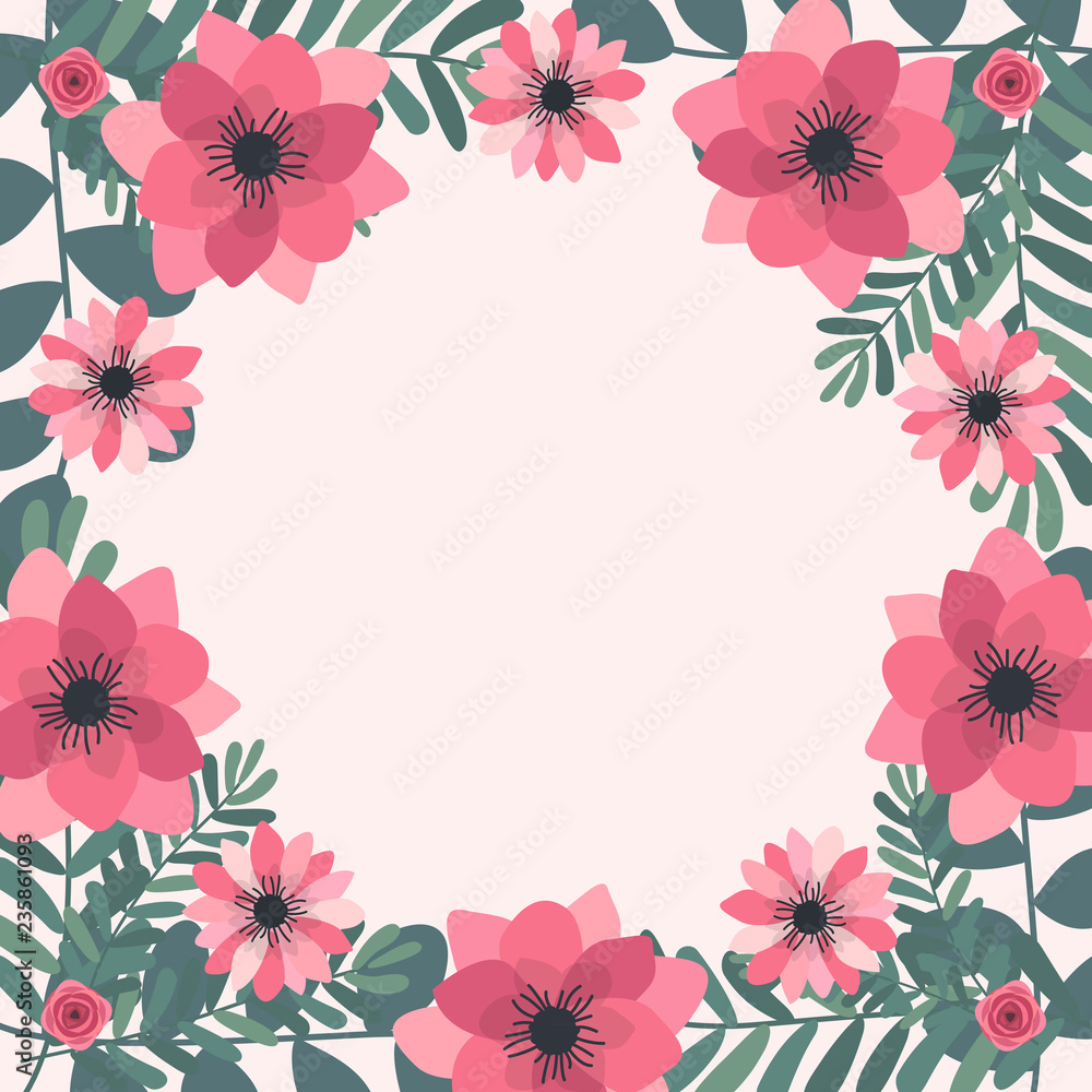 Floral greeting card and invitation template for wedding or birthday anniversary, Vector circle shape of text box label and frame, Pink flowers wreath ivy style with branch and leaves. Floral greeting card and invitation template for wedding or birthday anniversary, Vector circle shape of text box label and frame, Pink flowers wreath ivy style with branch and leaves.