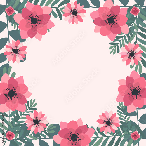 Floral greeting card and invitation template for wedding or birthday anniversary  Vector circle shape of text box label and frame  Pink flowers wreath ivy style with branch and leaves.