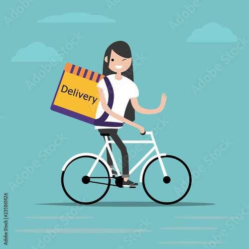 bicycle delivery character with parcel box on the back. Ecological city bike food delivering service concept with courier carrying package on modern city background. delivery cyclist.