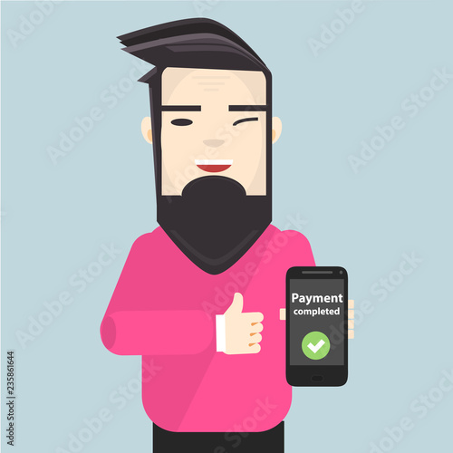 mobile bank transfer.payment with mobile.Young man showing results