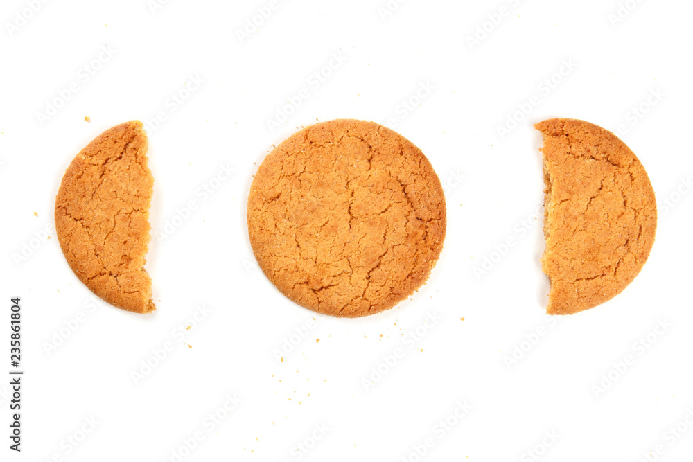 A photo of a single ginger cookie with two halves, shot from the top on a white background with crumbs and a place for text A photo of a single ginger cookie with two halves, shot from the top on a white background with crumbs and a place for text