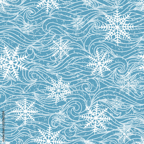 Seamless New Year's background. Vintage lace and snowflakes. Winter illustration.