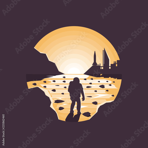 Mars colonization futuristic landscape with colony base and astronaut.Negative space illustration