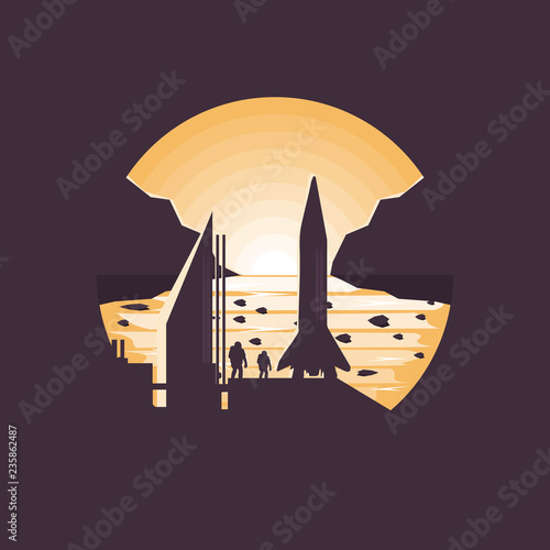 Mars colonization futuristic landscape with colony base aastronaut and rocket.Negative space illustration