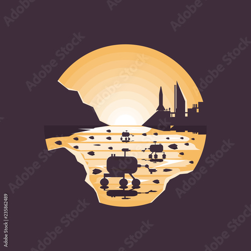 Mars colonization futuristic landscape with colony base and rover mars.Negative space illustration