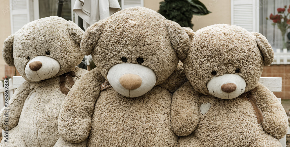 Satin hearted teddy bear sits with friends on bench outside
