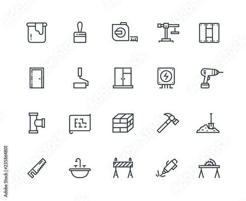 Build line icons. Home construction materials, digging and painting repair. Maintenance and building outline pictograms