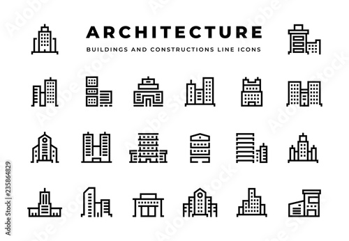 Building line icons. Cityscape with skyscrapers business centers and modern offices hotels and townhouses. Vector buildings