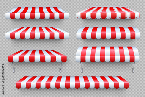 Stripe awning. Cafe tent, shop roof. Canopy sunshade for store window, outdoor market awnings vector set photo