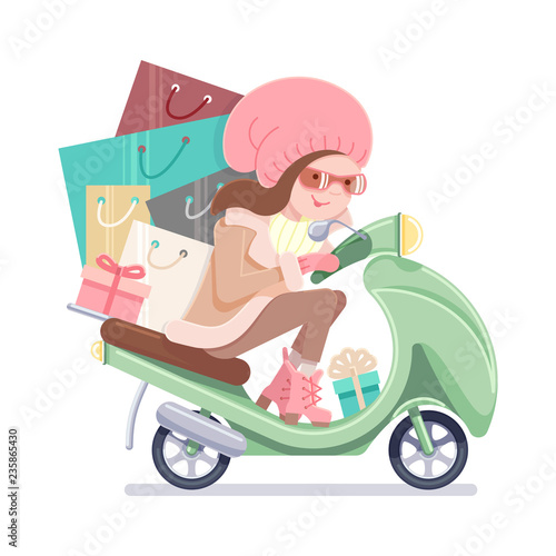 Girl riding a scooter with shopping. Pastel colors on a white isolated background.