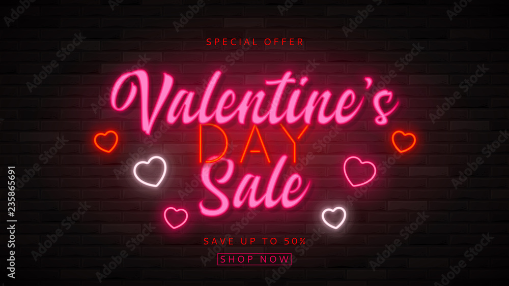 Valentine's Day sale neon background. Color card design with 3d glowing neon letters and hearts. Vector illustration with light banner. Special discount offer template.
