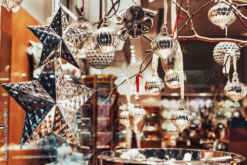 Beautiful christmas decorations in a showcase of the shop