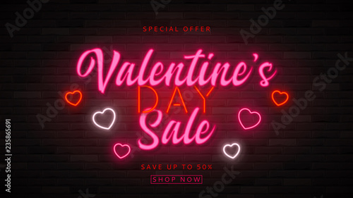 Valentine's Day sale neon background. Color card design with 3d glowing neon letters and hearts. Vector illustration with light banner. Special discount offer template.