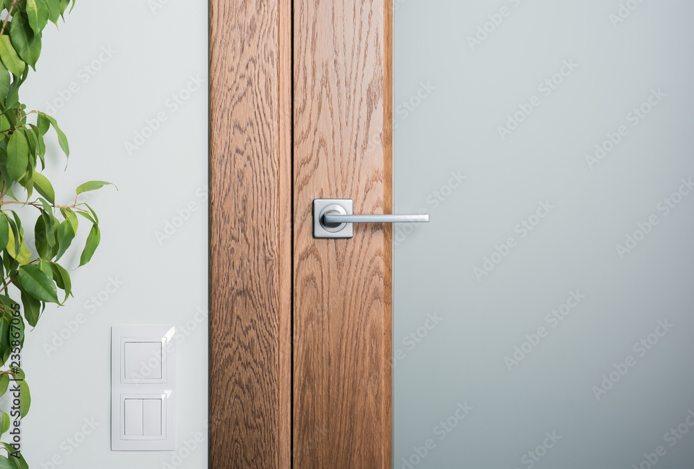 Fototapeta premium Close - up of interior elements. Steel door handle on dark wood