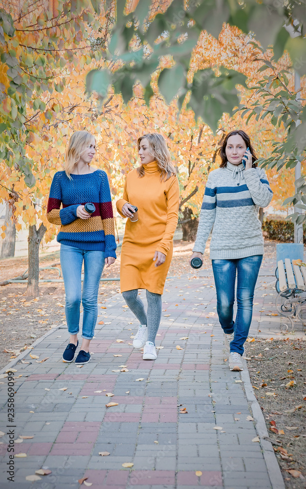 Cheerful attractive three young women best friends walking and having fun together outside. Cheerful attractive three young women best friends walking and having fun together outside.
