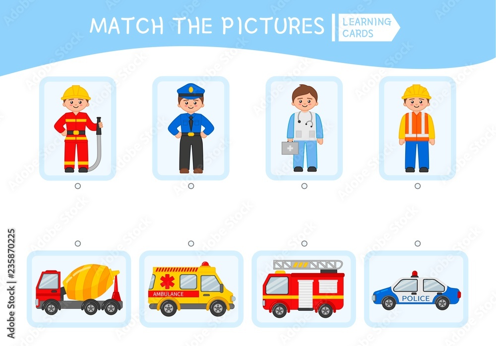 Matching children educational game. Match people and cars. Activity for pre shool years kids and toddlers. Matching children educational game. Match people and cars. Activity for pre shool years kids and toddlers.