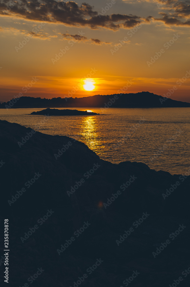 Seascape with cloudy sky at sunset. Fethie Beach. Mediterranean Sea, Antalya Province, Lycia, Anatolia Peninsula, Mediterranean Coast, Turkey,