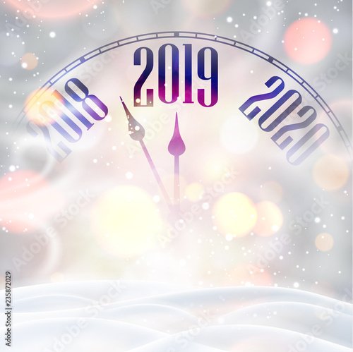 New Year 2019 shiny card with clock, snow and blizzard.
