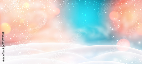 Colorful background with winter landscape, snow and blizzard.