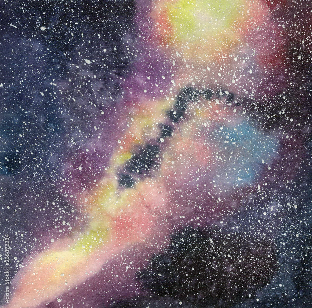 Handdrawn watercolor galaxy, stars in the night space. Beautiful Milky Way.