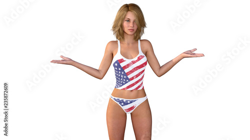 3D render Woman with open arms in sign of choice dressed in flag of the United States of America